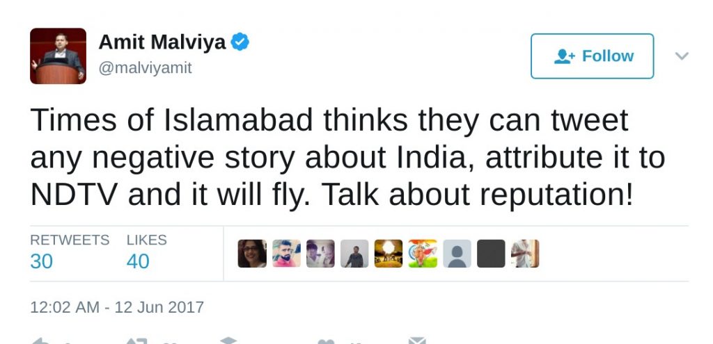 NDTV: Times of Islamabad thinks they can tweet any negative story about India, attribute it to NDTV and it will fly. Talk about reputation!