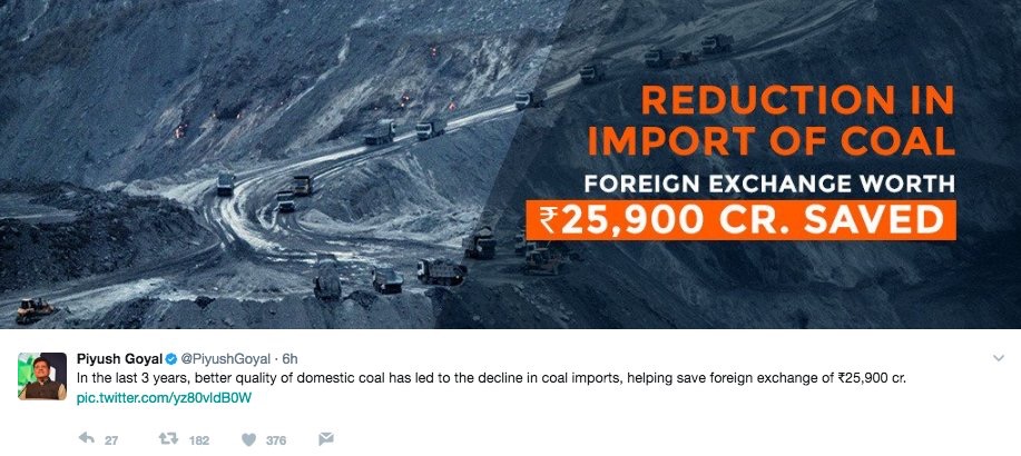 Piyush Goyal's tweet which uses an image from Amnesty International Report on human rights violation by Coal India