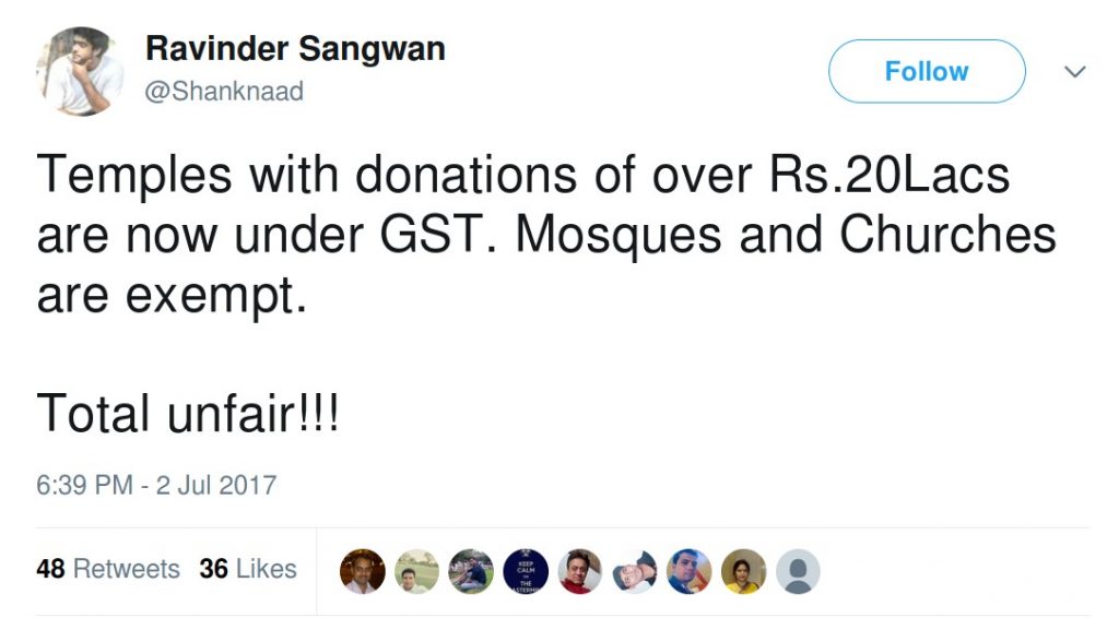 Ravinder Sangwan Temples with donations of over rs 20 lacks are now under GST. mosques and churches are exempt total unfair