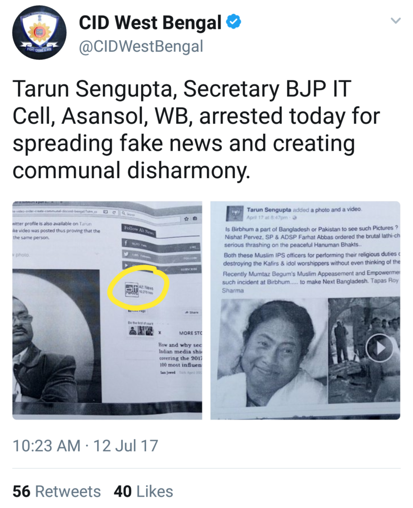 Tarun Sengupta, Secretary BJP IT Cell, Asansol, WB, arrested today for spreading fake news and creating communal harmony