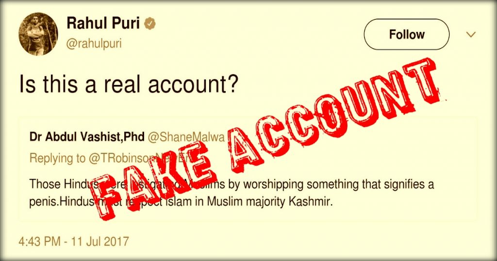 Fake Twitter account (Dr Abdul Vashist – @ShaneMalwa) is instigating Hindus after terror attack on Amarnath Yatra