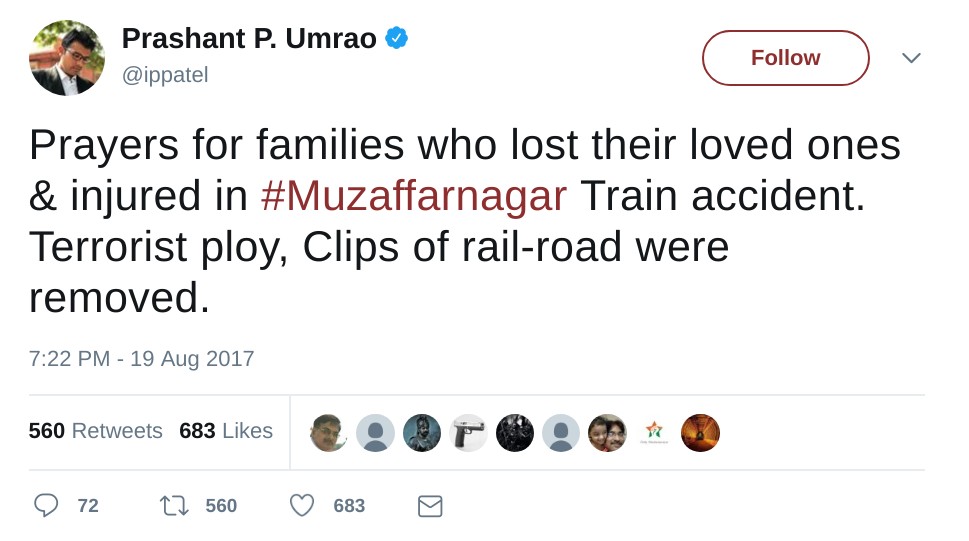Prashant Umrao Prayers for families who lost their loved ones & injuried in muzaffarnagar train accident. Terrorist Ploy. Clips of rail-road were removed.