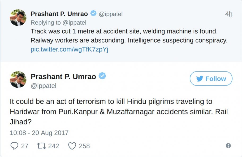 Prashant Umrao Track was cut 1 metre at accident site, welding machine is found. Railway workers are absconding. Intelligence suspecting conspiracy. It could be an act of terrorism to kill Hindu pilgrims traveling to Haridwar from Puri. Kanpur & muzaffarnagar accidents similar. Rail Jihad?