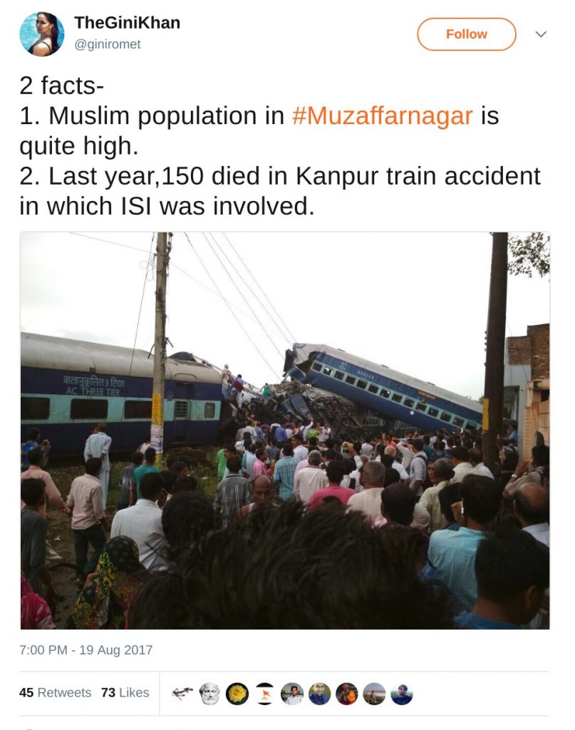 Giniromet 2 facts- 1. Muslim population in #Muzaffarnagar is quite high. 2. Last year,150 died in Kanpur train accident in which ISI was involved.