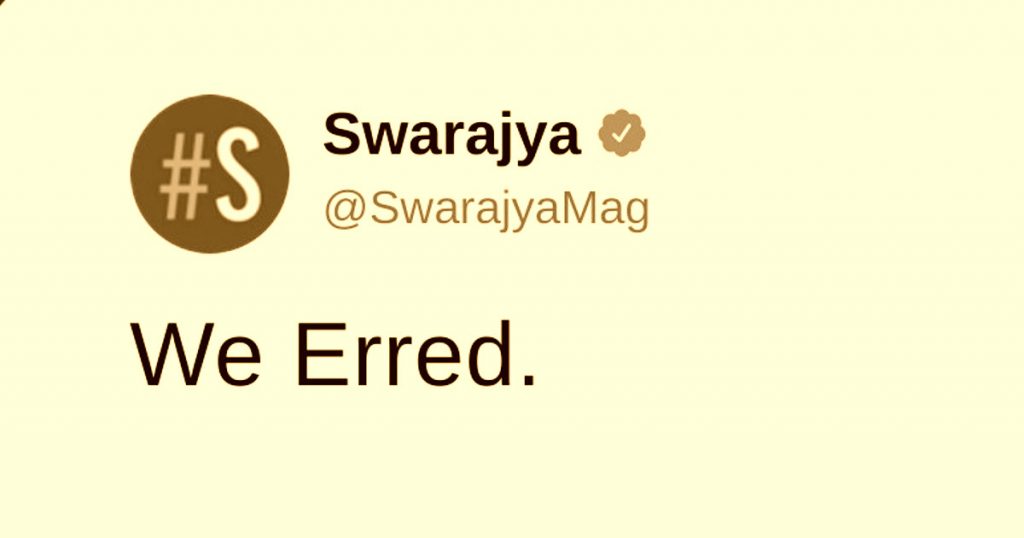 Swarajya acknowledges error after Alt News exposé; Author hurls abuses for pointing out the error