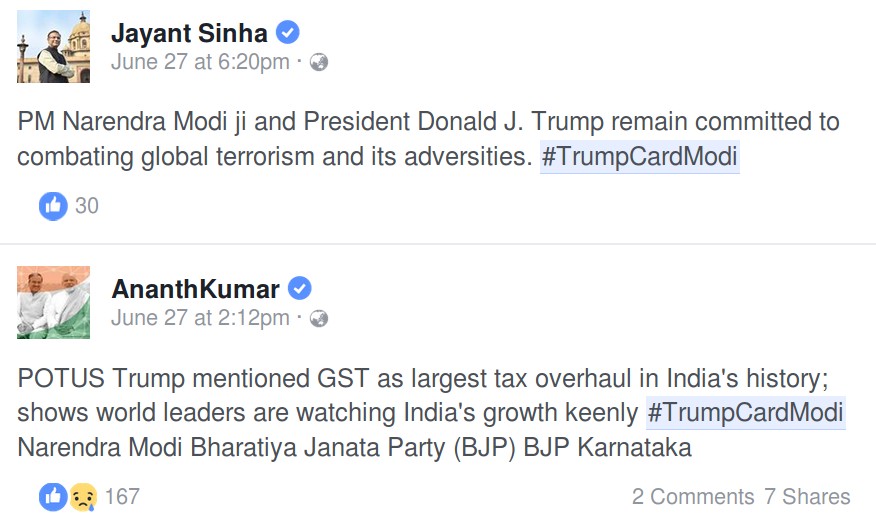 Ministers tweeting with #TrumpCardModi hashtag