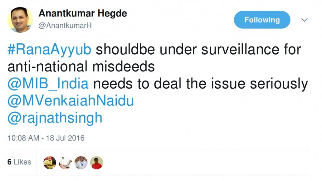 Anantkumar hegde ranaayyub should be under surveillance for anti-national misdeeds