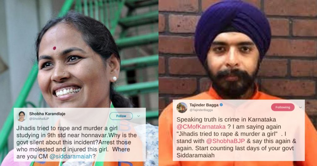 Communal rumour mongering in Karnataka by BJP MP Shobha Karandlaje and BJP Spokesperson Tajinder Bagga