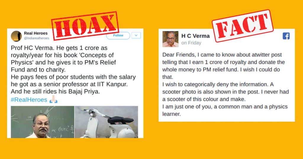 Popular Physics Professor HC Verma debunks a false claim about himself