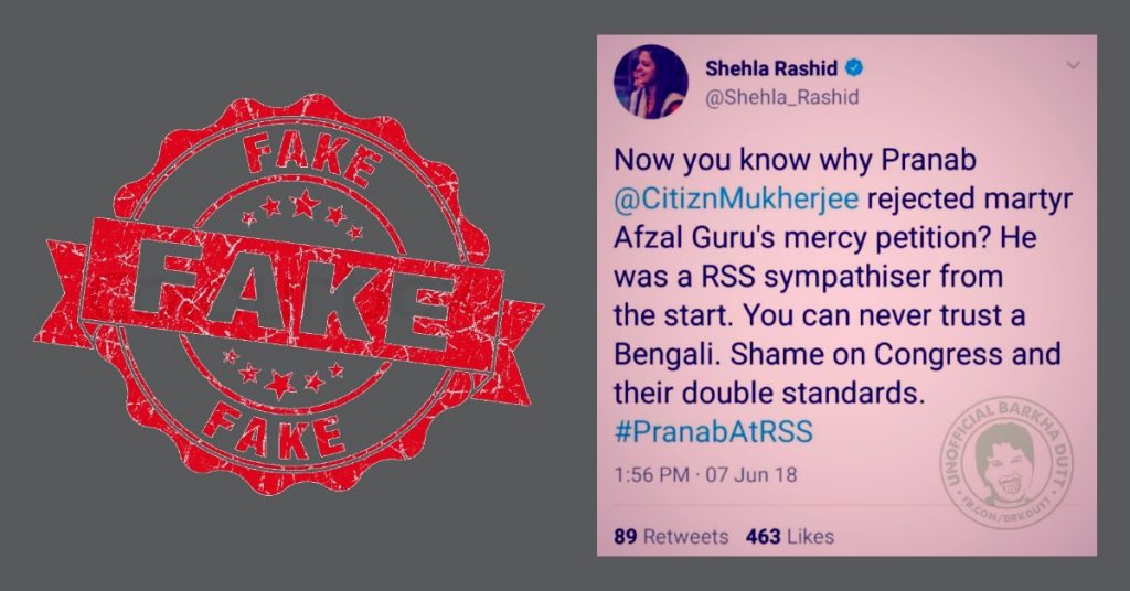 “You can never trust a Bengali” – Morphed tweet attributed to Shehla Rashid