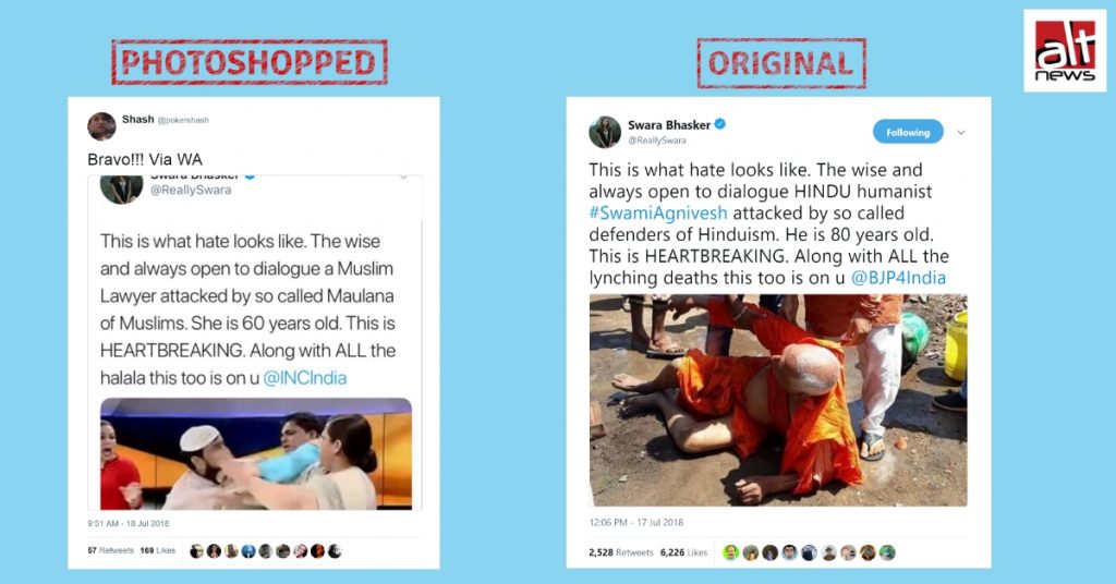 Morphed screenshot of Swara Bhasker’s tweet circulated on social media