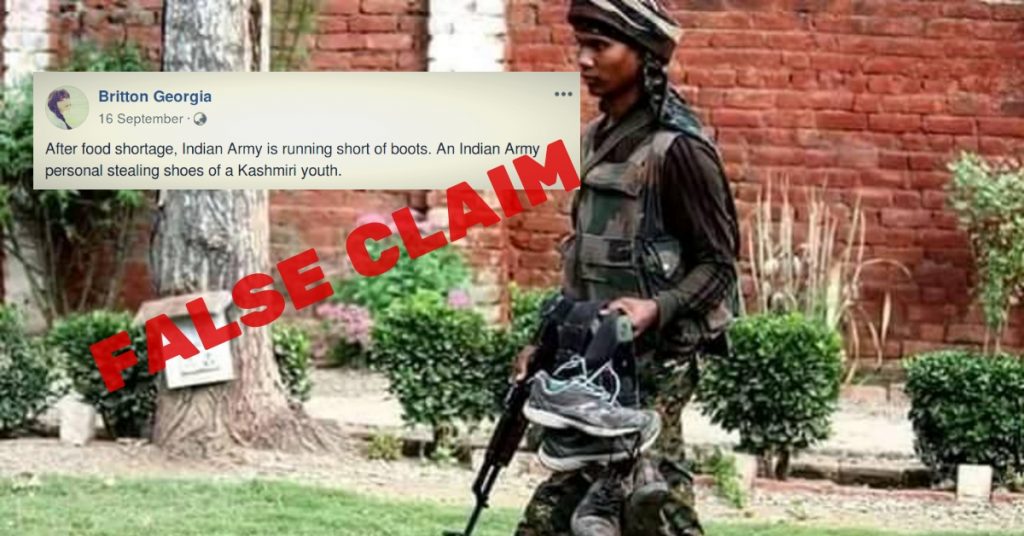 No, this Indian army personnel is not stealing shoes from Kashmiri youth