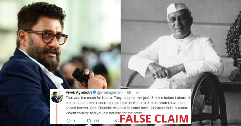 Vivek Agnihotri makes false claim of Nehru responsible for outcome of 1965 Indo-Pak war