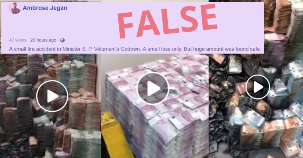 No, this video does not show piles of cash seized from TN MLA Velumani’s godown