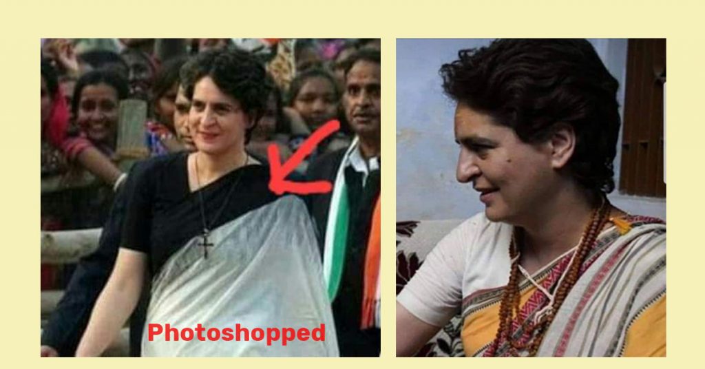 Photoshopped image of Priyanka Gandhi wearing a cross now viral as a meme
