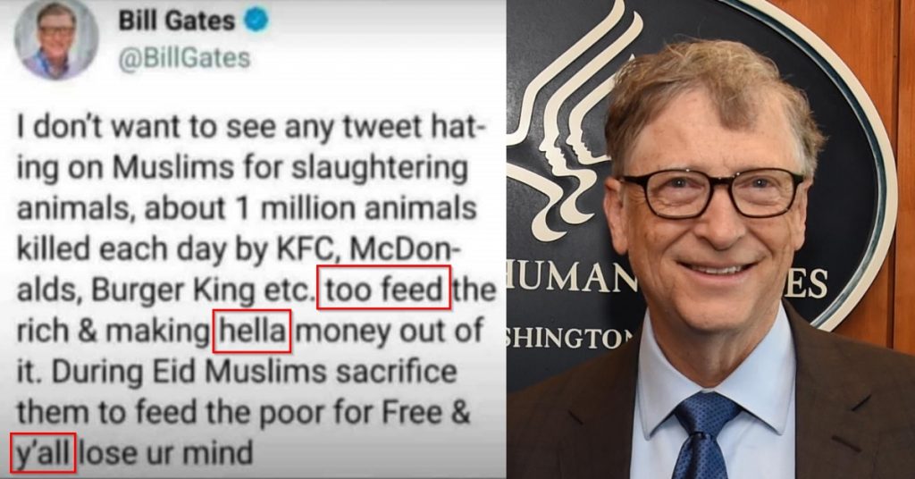 Photoshopped tweet of Bill Gates supporting animal sacrifice on Eid shared on social media