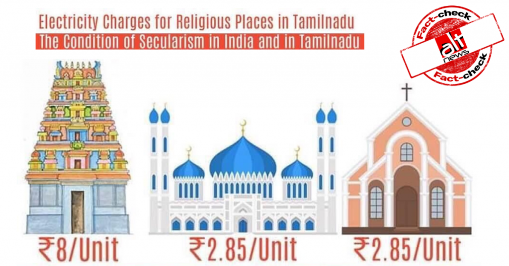No, temples are not charged more for electricity than mosques and churches in Tamil Nadu