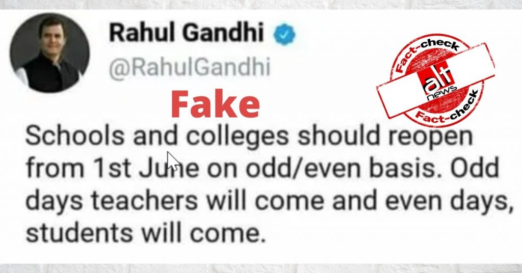 Fake tweet portrays Rahul Gandhi suggesting odd/even method to reopen schools