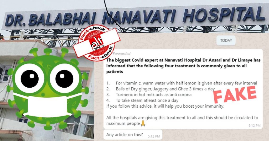 No, Nanavati Hospital does not recommend lemon, turmeric for COVID “treatment”