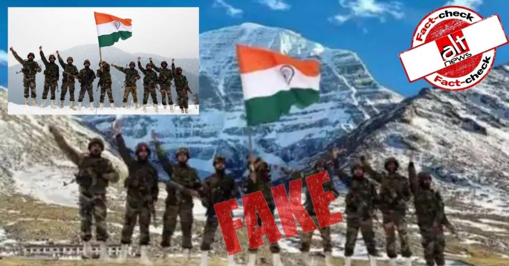 Morphed photo shared as Indian army soldiers raising tricolour flag at Mount Kailash