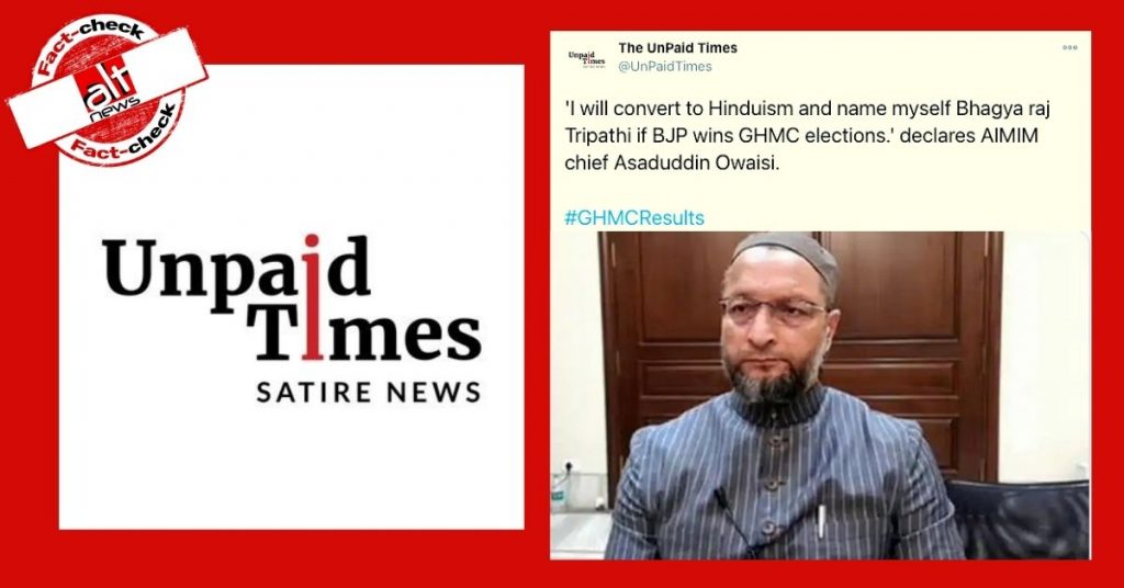 Parody post claiming Owaisi said he will convert to Hinduism believed to be true