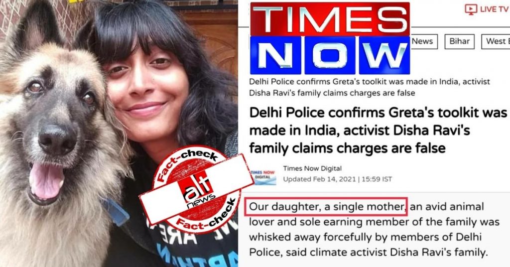 Times Now misreports 22-year-old activist Disha Ravi is a single mother