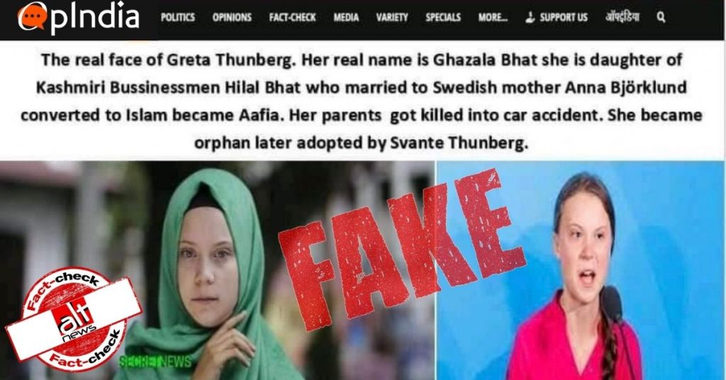 Morphed OpIndia screengrab claims Greta Thunberg’s real name is ‘Ghazala Bhat’