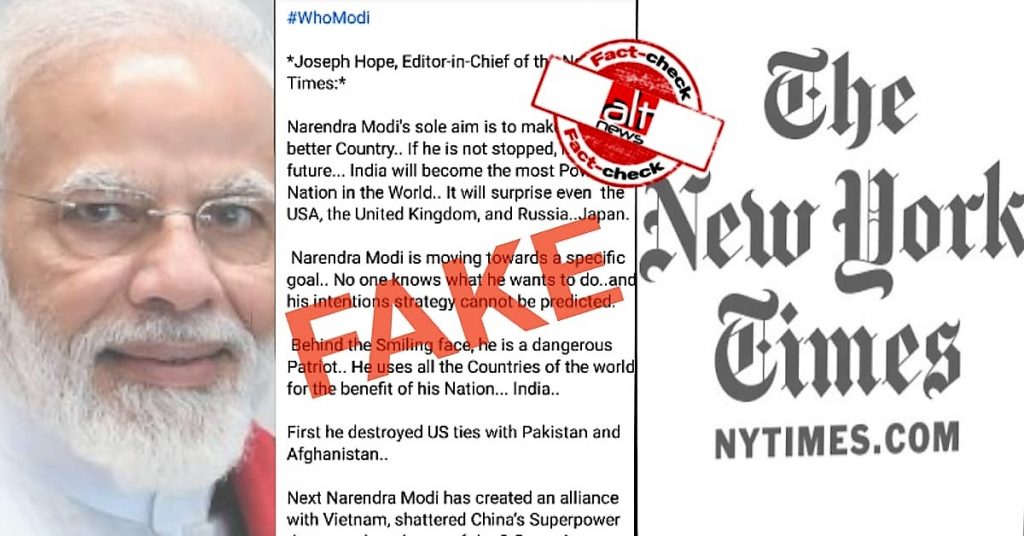 NYT editor ‘Joseph Hope’ praised Modi in an article? Fake piece, fictional name