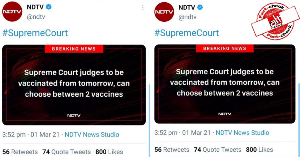 SC judges can’t choose between Covishield and Covaxin, NDTV updates misreport