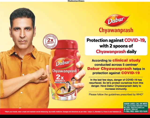 Dabur ad says, "Protection against COVID-19 with 2 spoons of Chyawanprash daily"