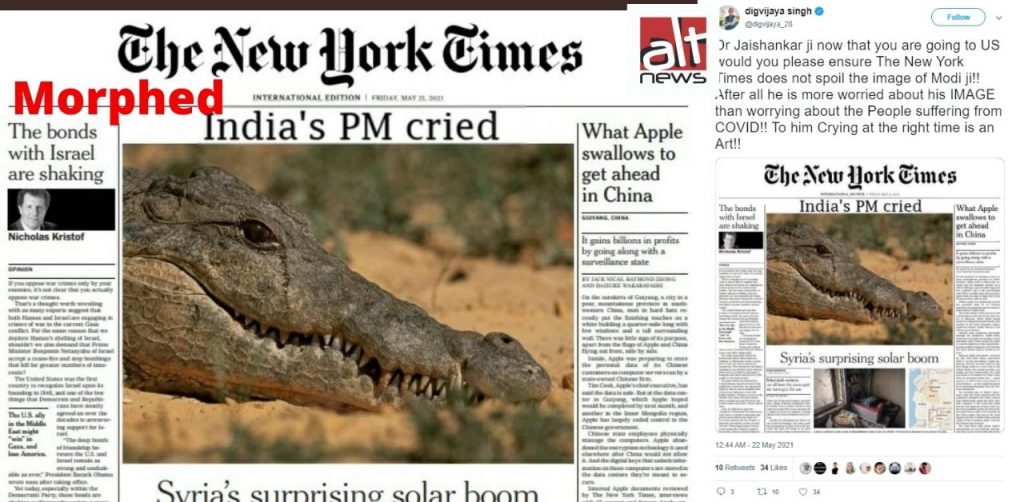 NYT did not carry image of a crocodile in tears after PM Modi’s address