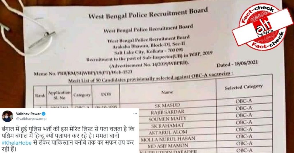 Fact-check: Are majority of candidates selected in WB police SI exam 2019 Muslims?