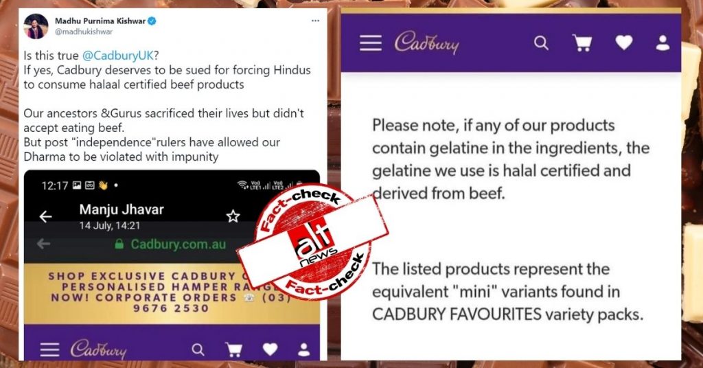 Cadbury Australia’s website screenshot shared to claim products with beef sold in India