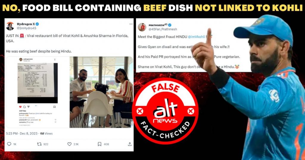 Did Virat Kohli have beef in Florida? No, couple’s food bill from US eatery falsely viral with communal jibes at cricketer