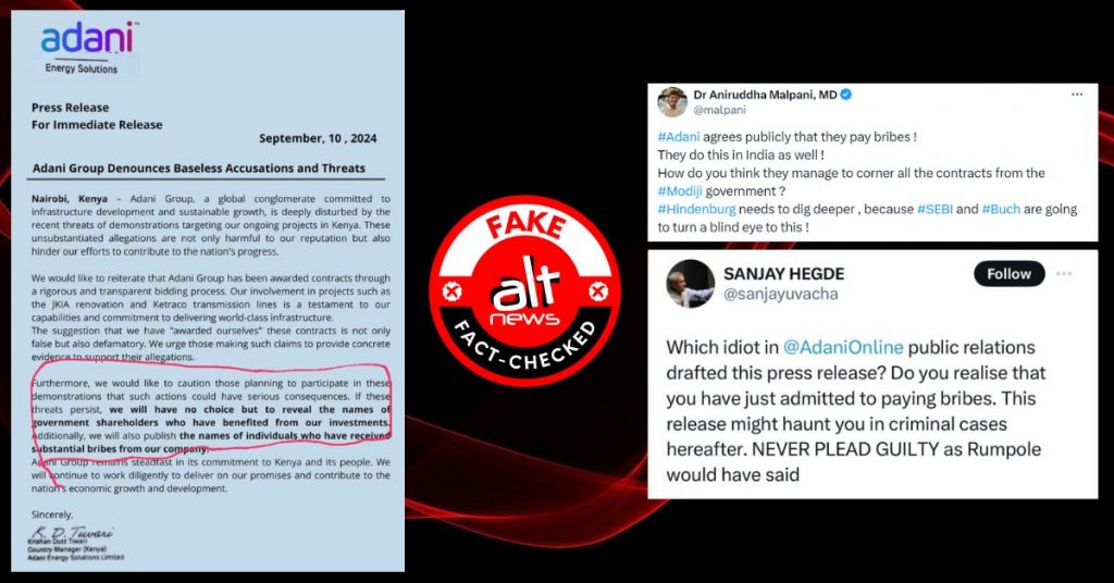 Adani Group: Viral ‘press release’ with admission of bribery in Kenya is fake