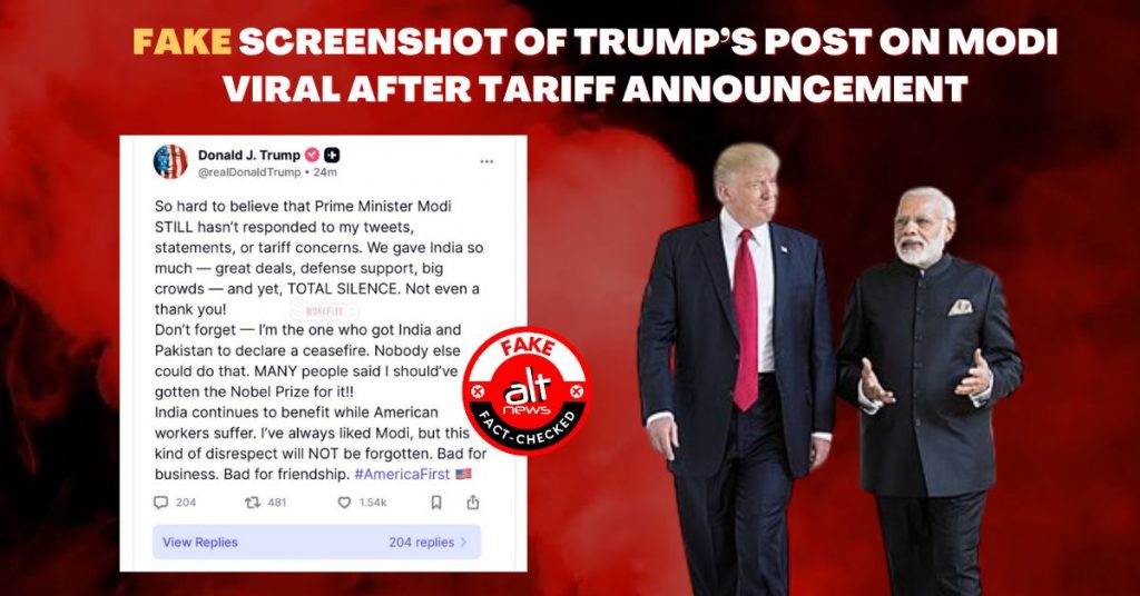 Viral screenshot of Trump’s post on Modi not responding to tariff concerns is doctored