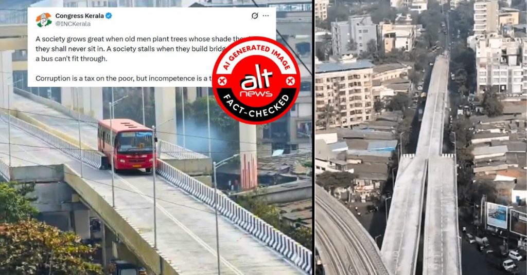 Bus stuck at narrowing of lanes on Mumbai flyover? No, photo shared by Kerala Congress is AI-generated