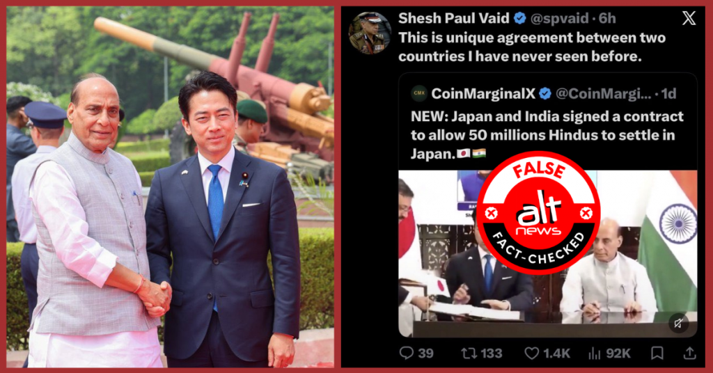 No, Japan and India did not sign a ‘contract’ allowing 50 million Hindus to settle in Japan